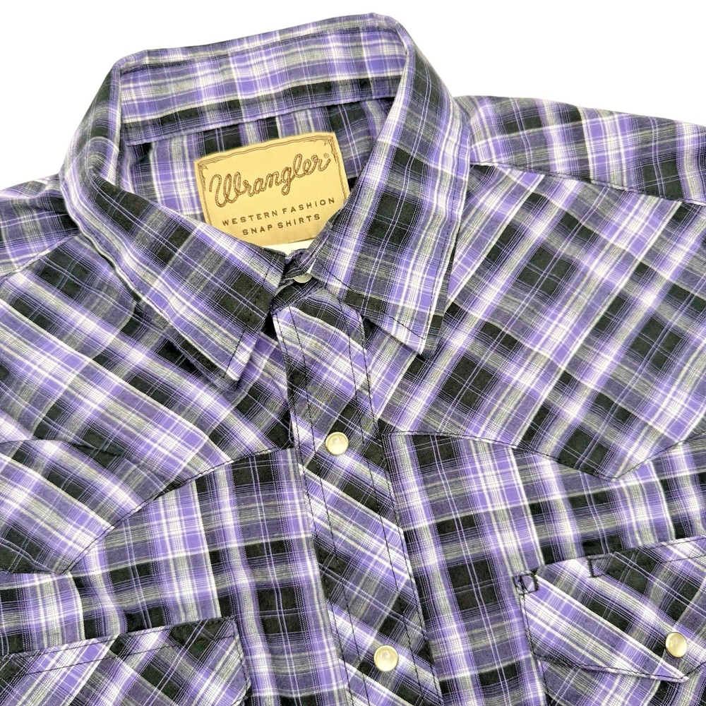 Wrangler Western Shirt Men's Large Purple Black‎ Plaid Pearl Snaps Short Sleeve